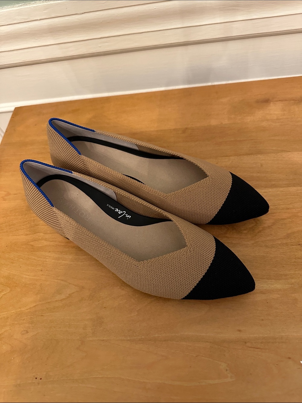 Rothy's Two-Tone Tan and Black Pointed Flats